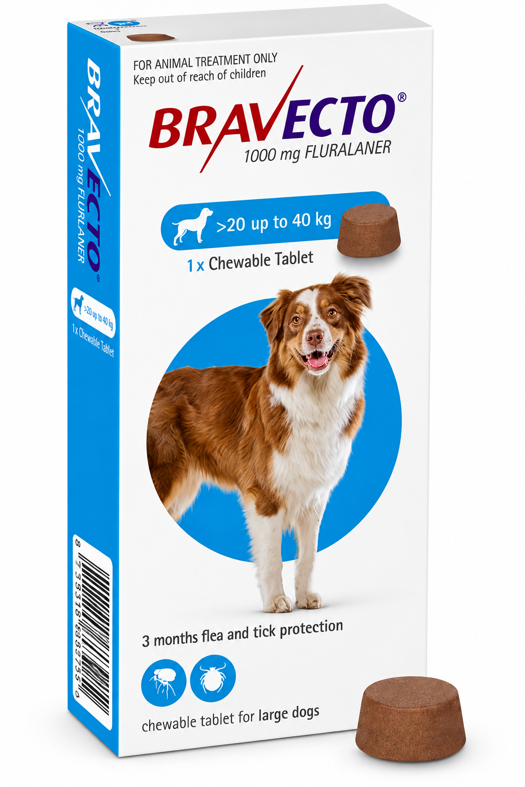 Bravecto Chewable Tablets for Dogs Large Breeds 1000mg Fluralaner 20-40kg